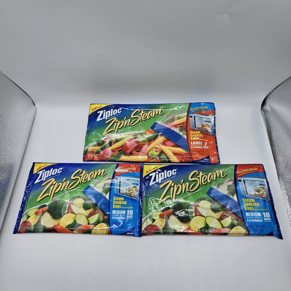 3 NEW Ziploc Zip'n Steam Cooking Bags 27 Total bags 2- Medium 10ct 1- Large 7ct